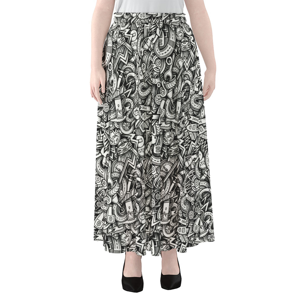 Cartoon Mechanic Pattern Print Chiffon Maxi Skirt