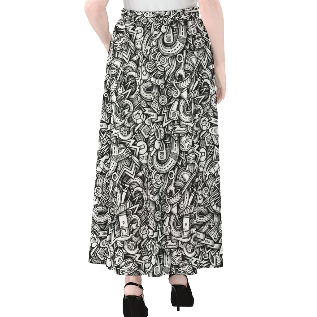 Cartoon Mechanic Pattern Print Chiffon Maxi Skirt