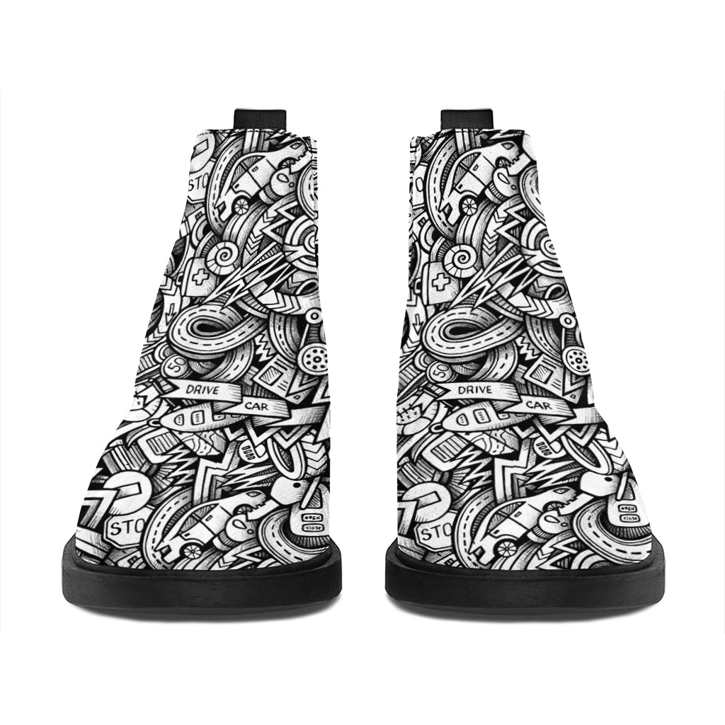 Cartoon Mechanic Pattern Print Flat Ankle Boots