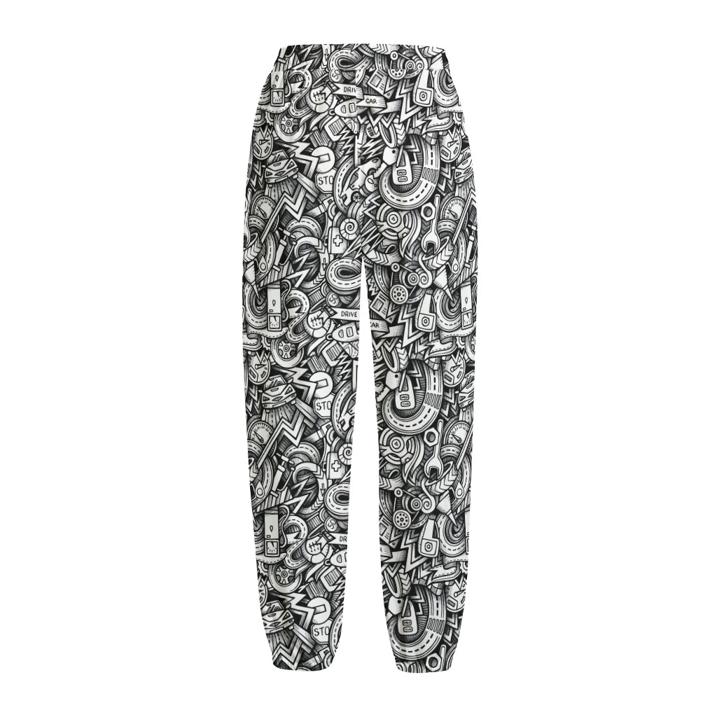 Cartoon Mechanic Pattern Print Fleece Lined Knit Pants