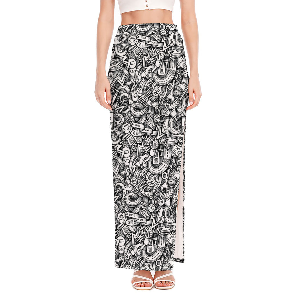 Cartoon Mechanic Pattern Print High Slit Maxi Skirt