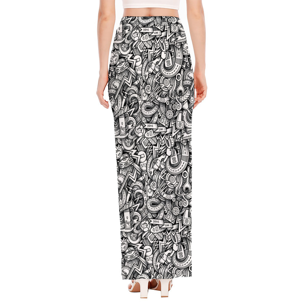 Cartoon Mechanic Pattern Print High Slit Maxi Skirt