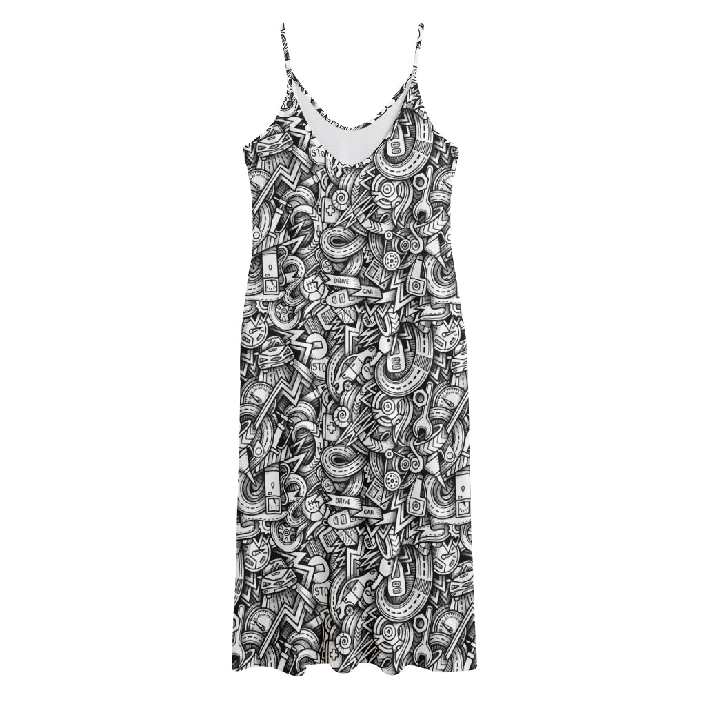 Cartoon Mechanic Pattern Print Jersey Midi Cami Dress