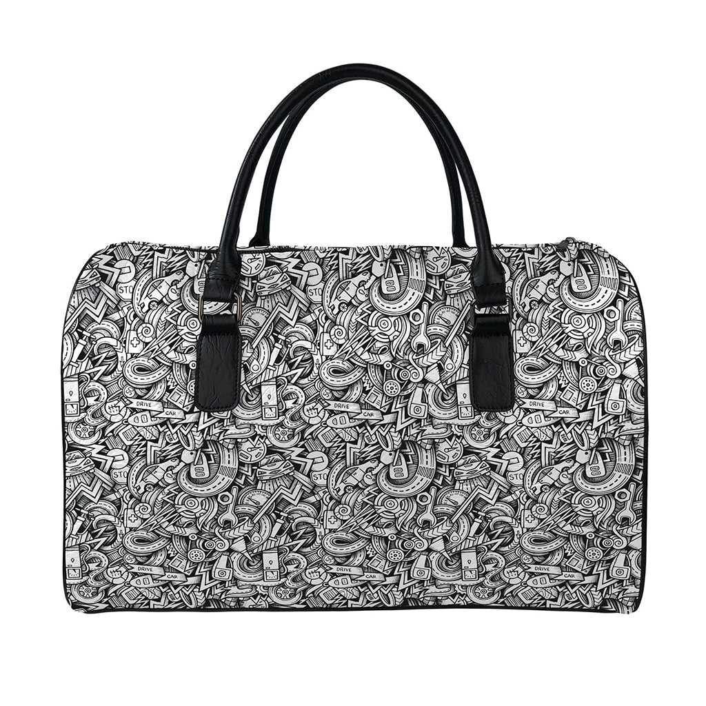 Cartoon Mechanic Pattern Print Leather Duffle Bag