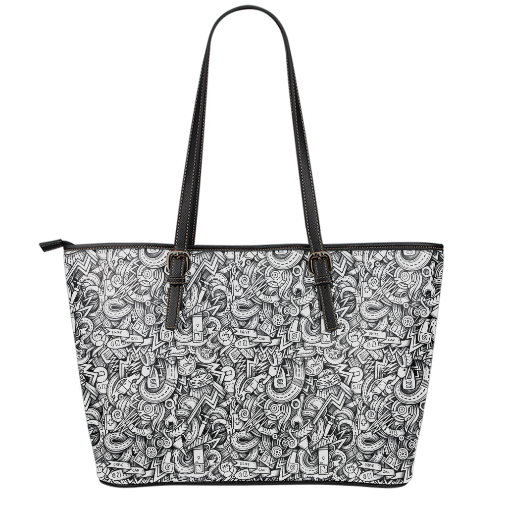 Cartoon Mechanic Pattern Print Leather Tote Bag