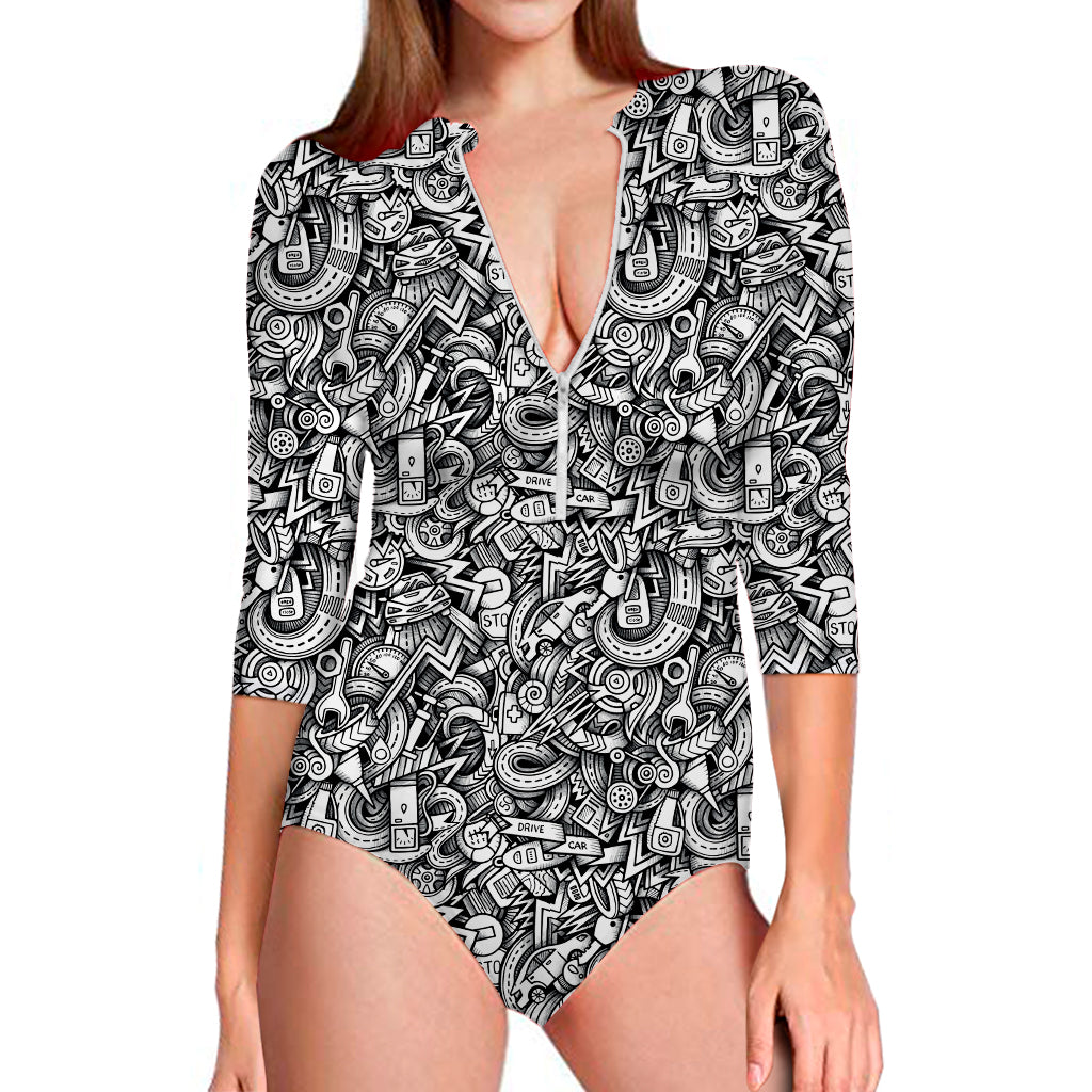 Cartoon Mechanic Pattern Print Long Sleeve Swimsuit