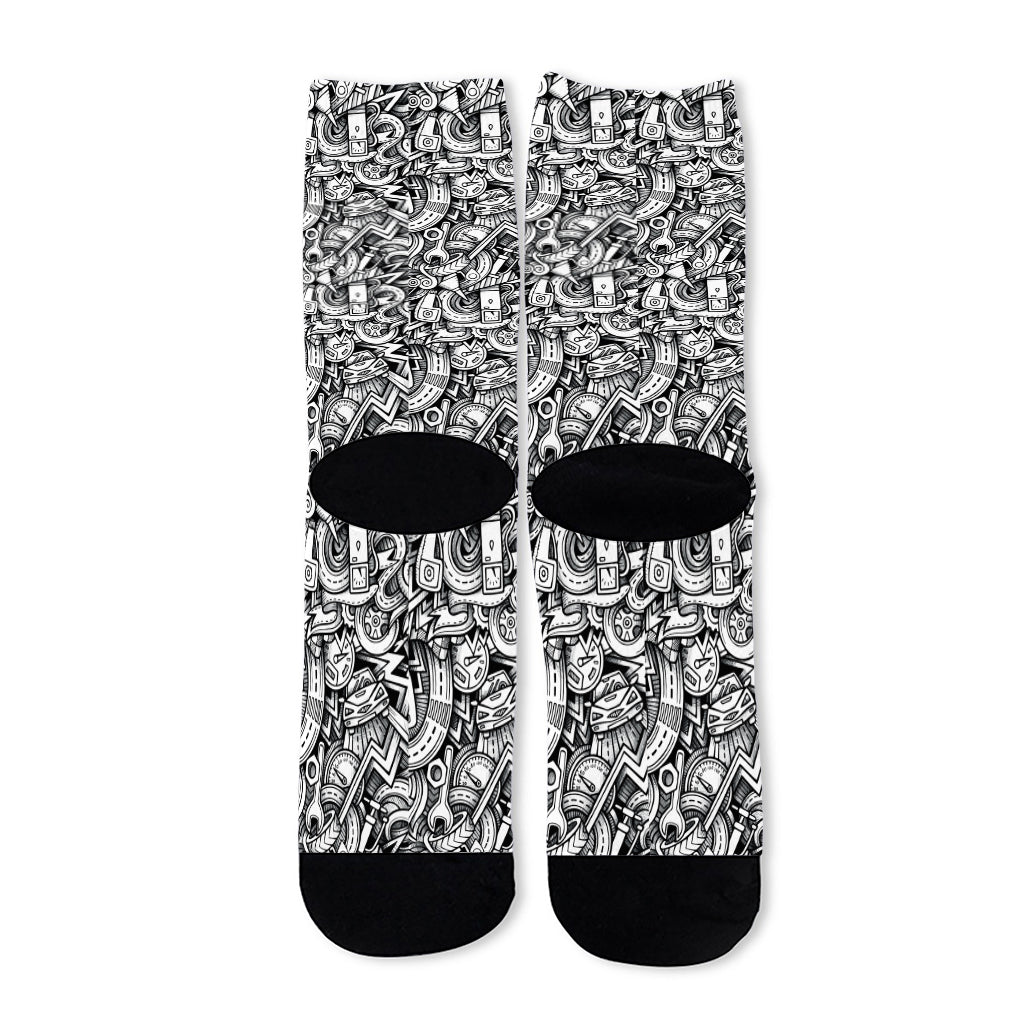 Cartoon Mechanic Pattern Print Long Socks