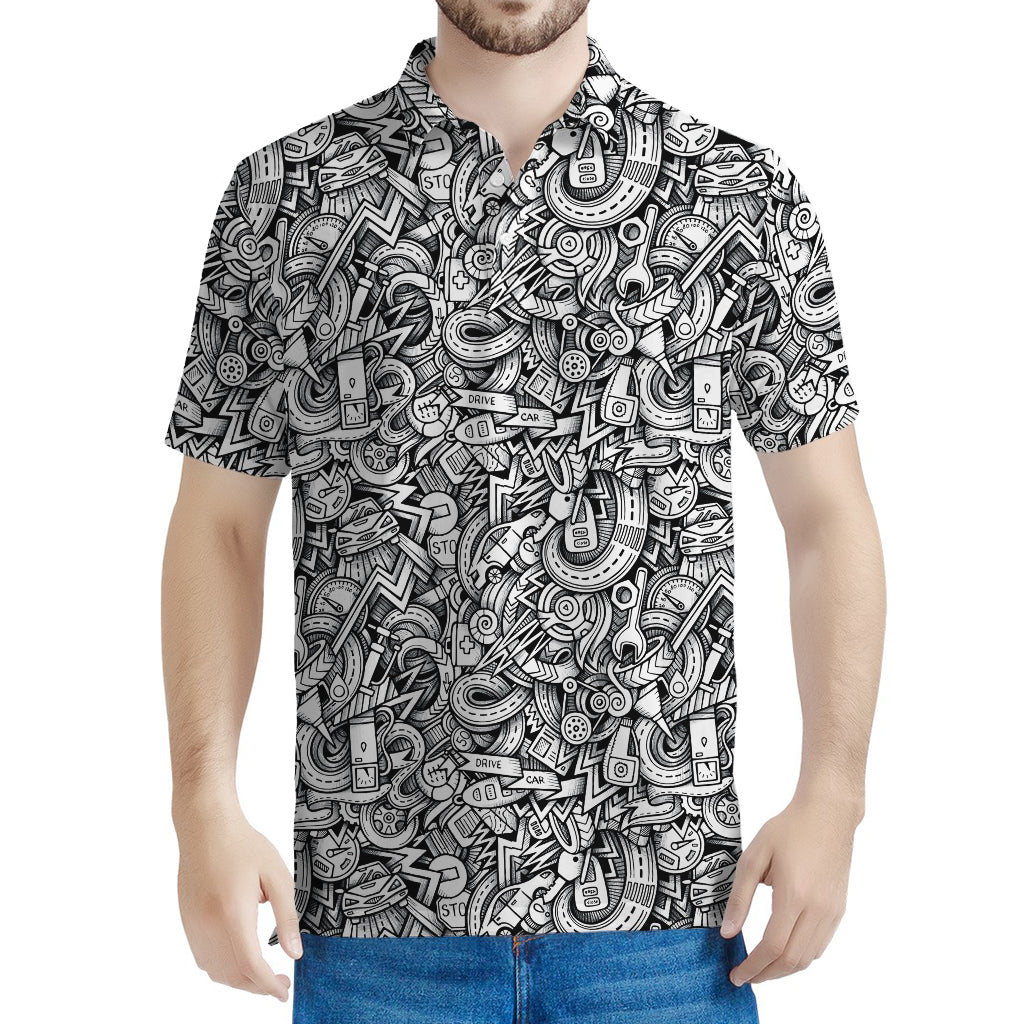 Cartoon Mechanic Pattern Print Men's Polo Shirt