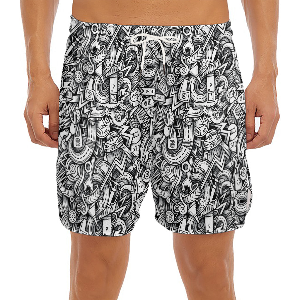 Cartoon Mechanic Pattern Print Men's Split Running Shorts