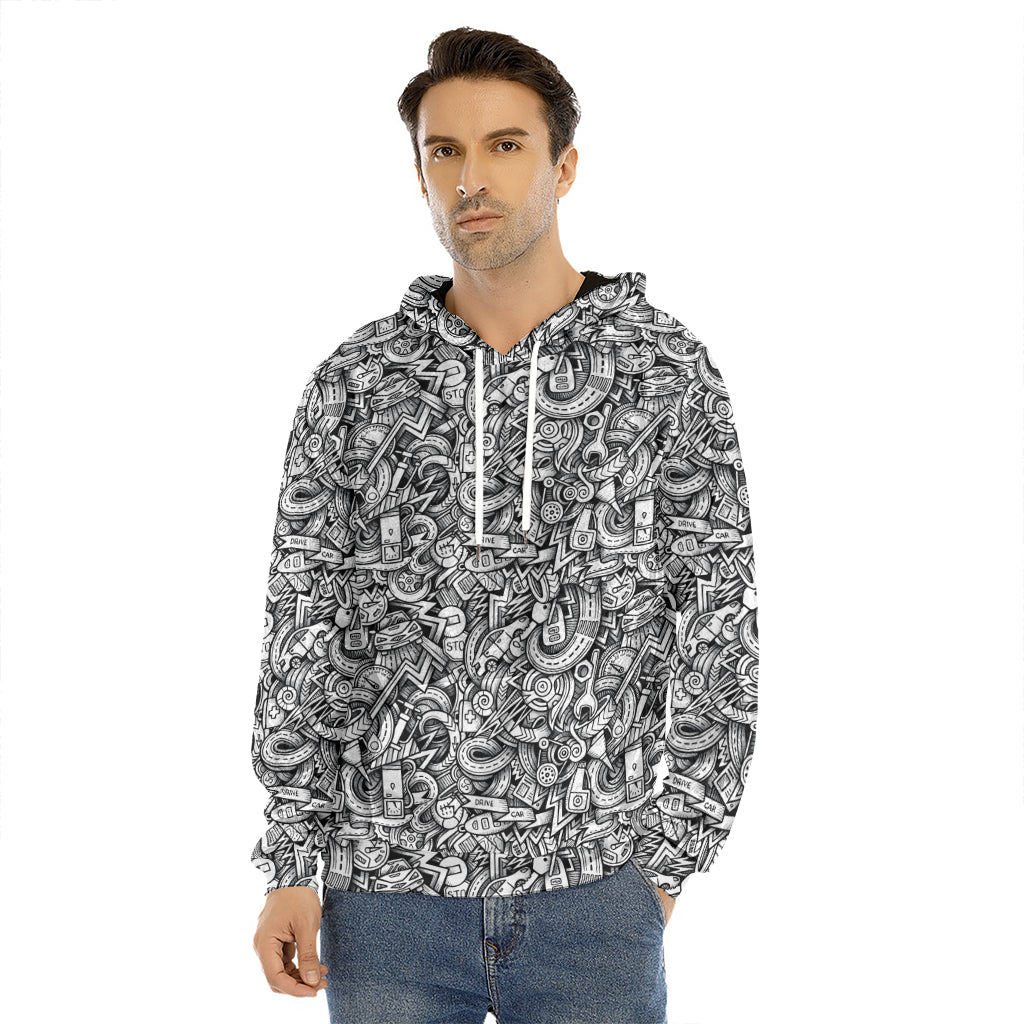 Cartoon Mechanic Pattern Print Men's Velvet Pullover Hoodie