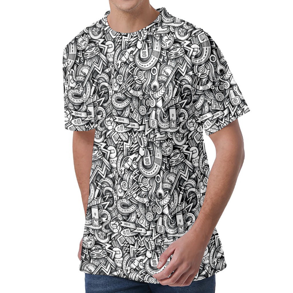 Cartoon Mechanic Pattern Print Men's Velvet T-Shirt