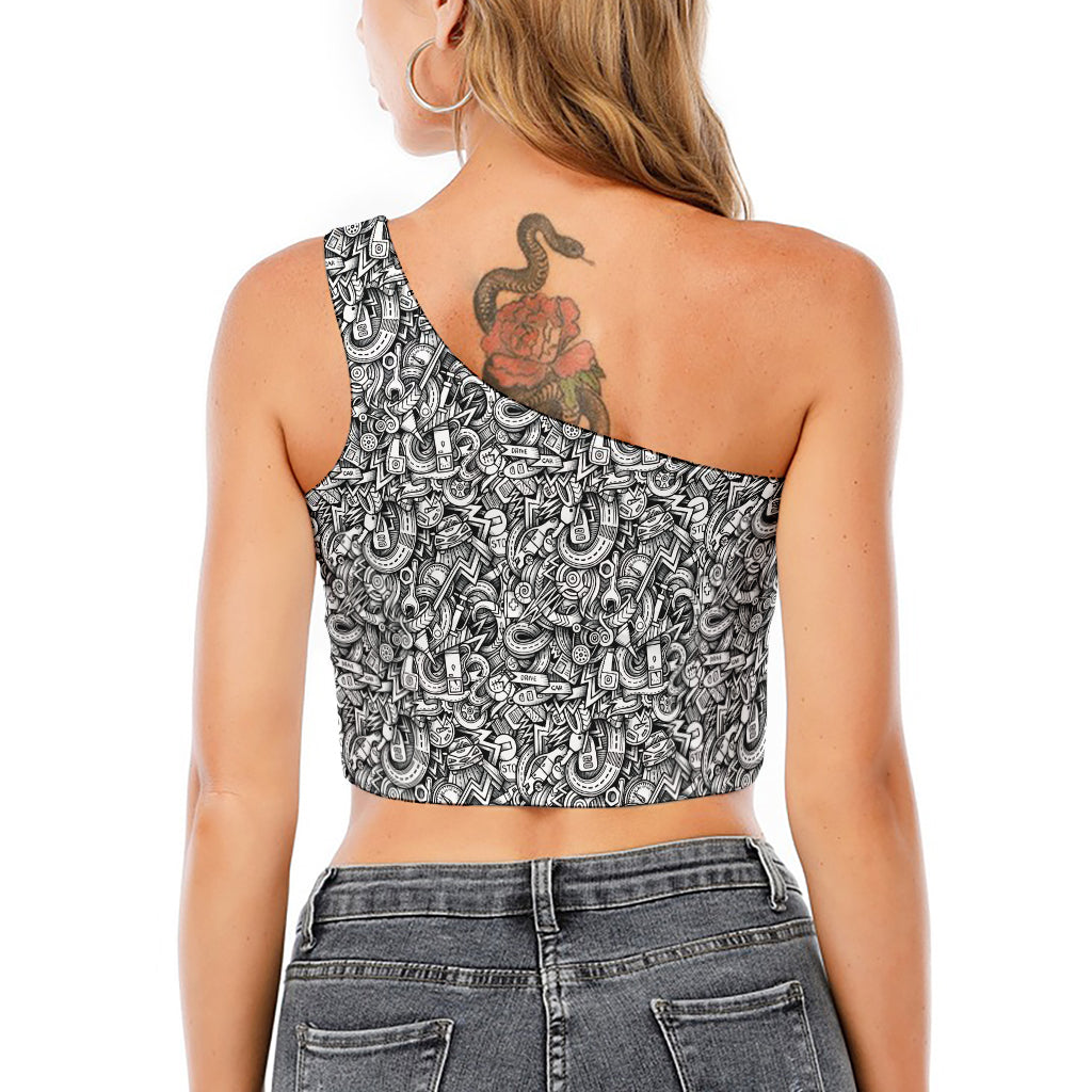 Cartoon Mechanic Pattern Print One Shoulder Crop Top