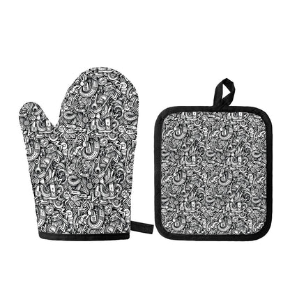 Cartoon Mechanic Pattern Print Oven Mitt And Pot Holder Set