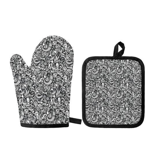 Cartoon Mechanic Pattern Print Oven Mitt And Pot Holder Set