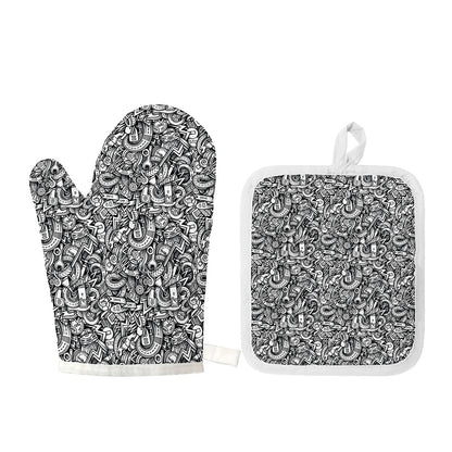 Cartoon Mechanic Pattern Print Oven Mitt And Pot Holder Set