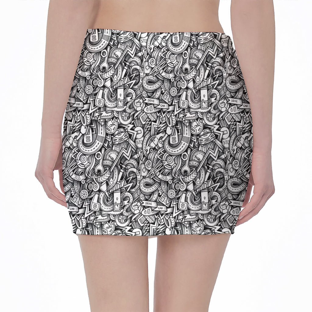 Cartoon Mechanic Pattern Print Pencil Mini Skirt