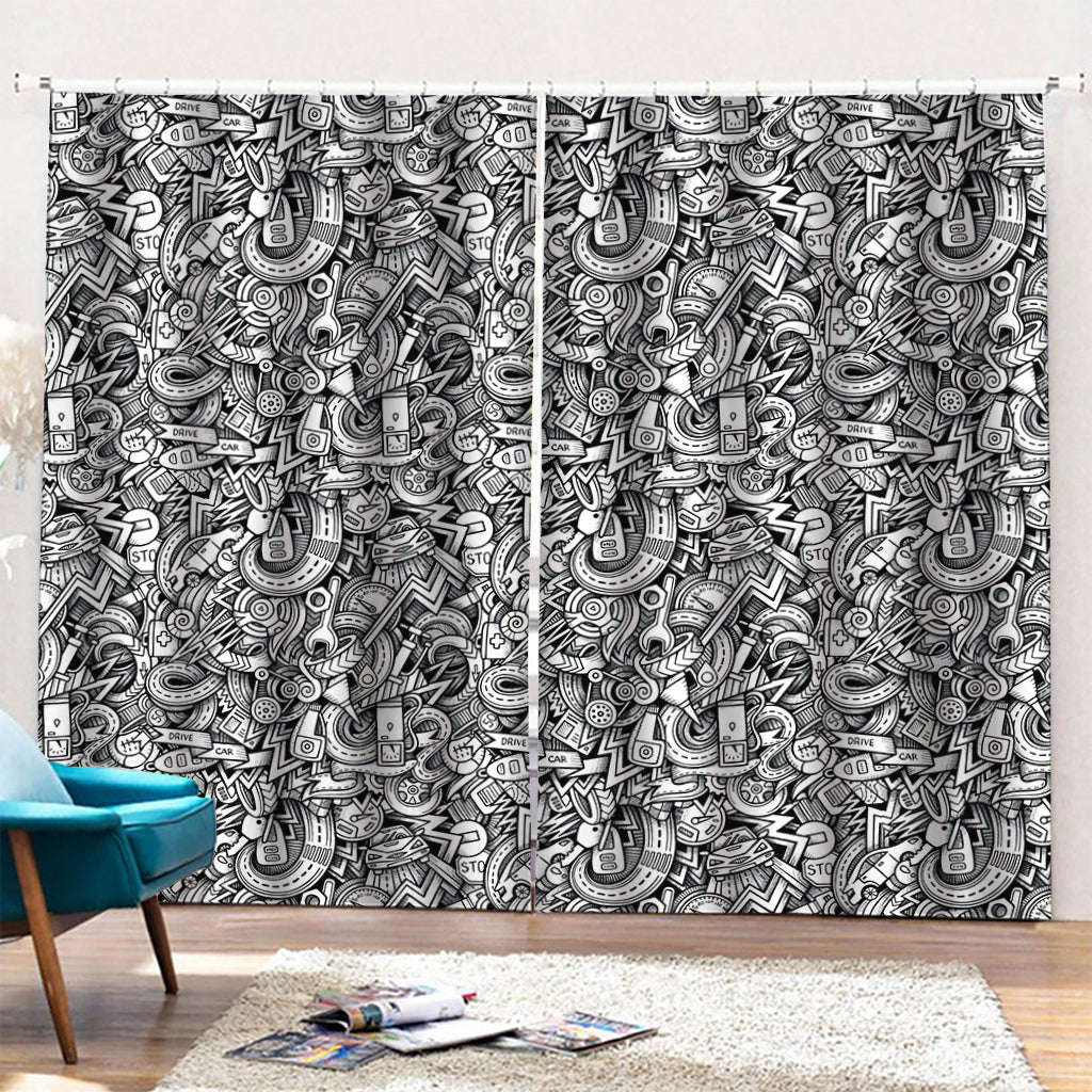 Cartoon Mechanic Pattern Print Pencil Pleat Curtains