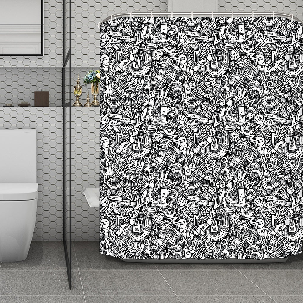 Cartoon Mechanic Pattern Print Polyester Shower Curtain
