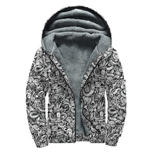 Cartoon Mechanic Pattern Print Sherpa Lined Zip Up Hoodie