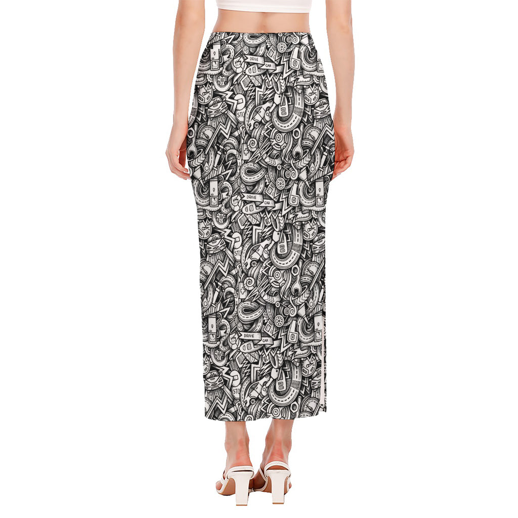 Cartoon Mechanic Pattern Print Side Slit Maxi Skirt