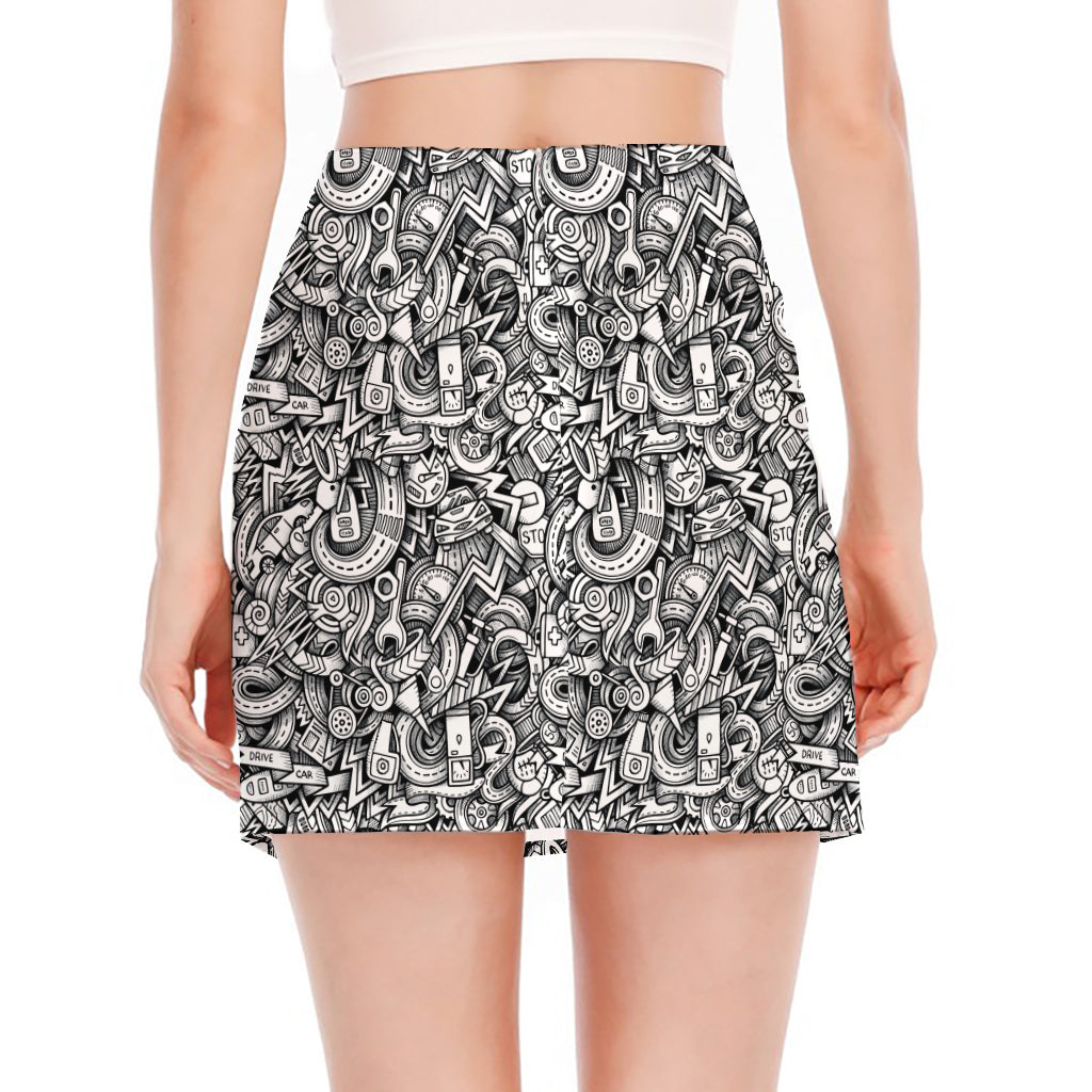 Cartoon Mechanic Pattern Print Side Slit Mini Skirt