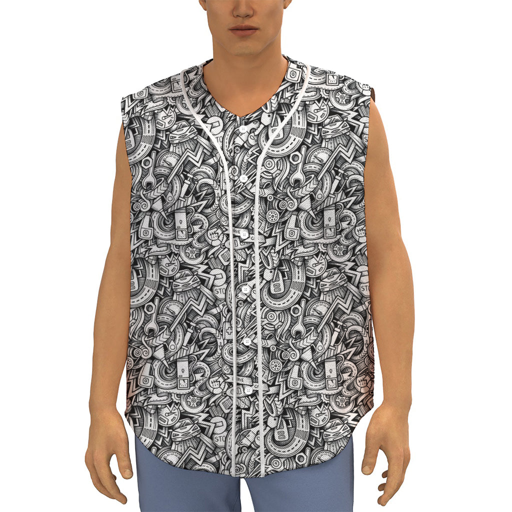 Cartoon Mechanic Pattern Print Sleeveless Baseball Jersey