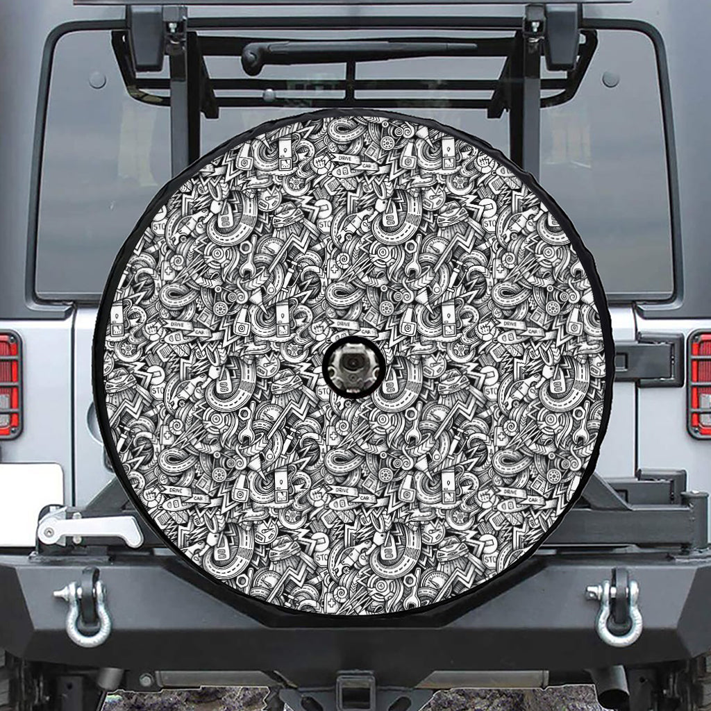Cartoon Mechanic Pattern Print Tire Cover With Camera Hole