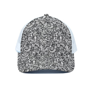 Cartoon Mechanic Pattern Print White Mesh Trucker Cap