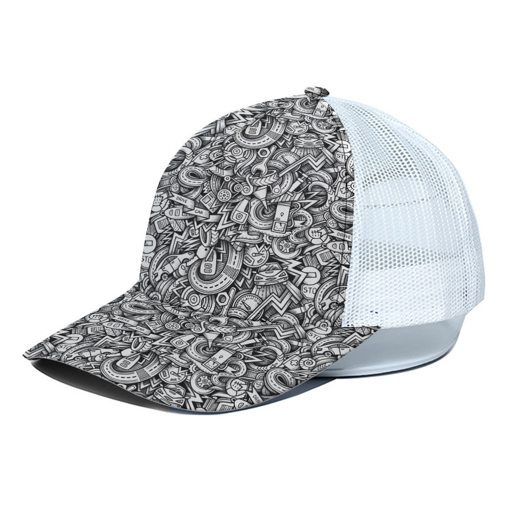 Cartoon Mechanic Pattern Print White Mesh Trucker Cap