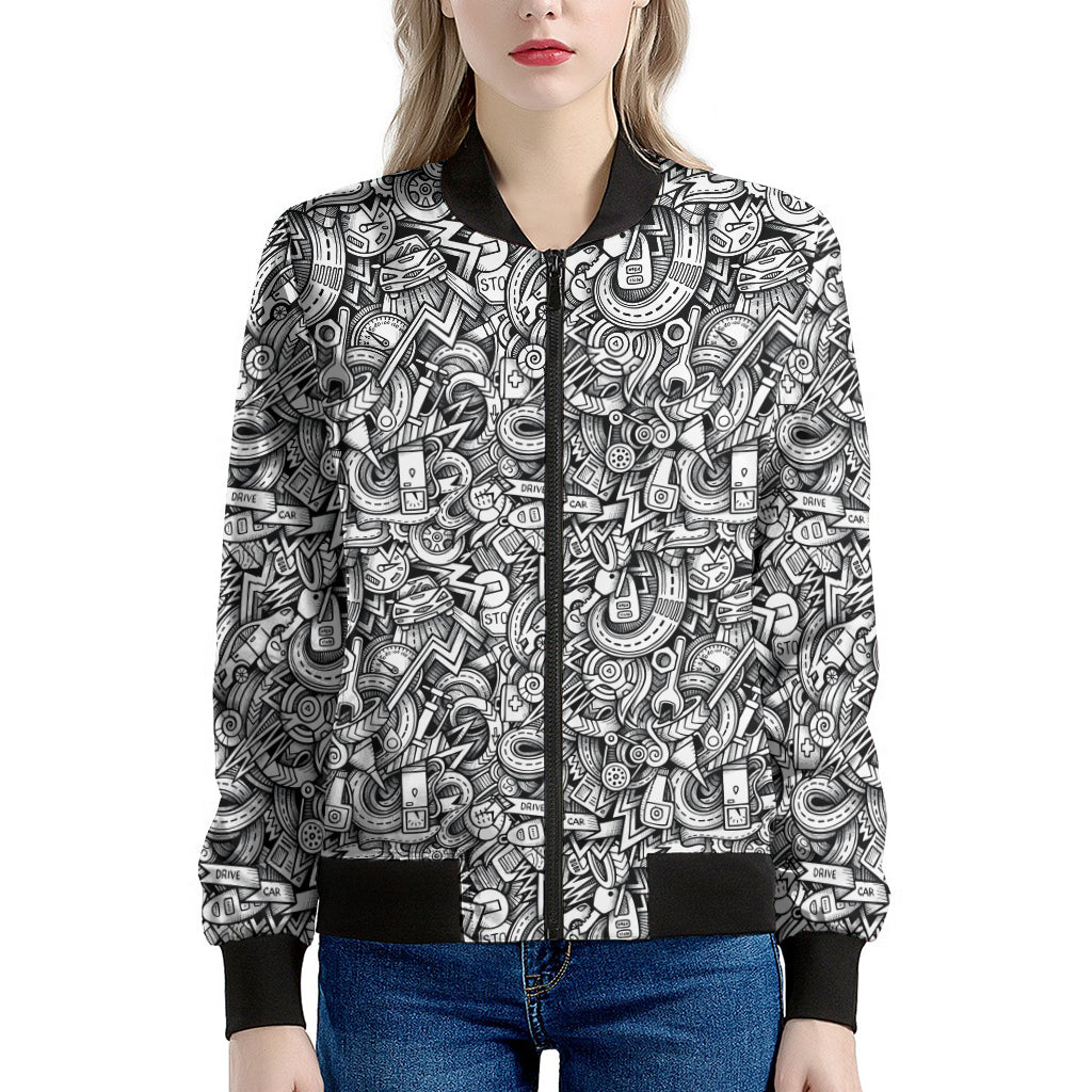 Cartoon Mechanic Pattern Print Women's Bomber Jacket