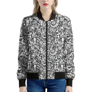 Cartoon Mechanic Pattern Print Women's Bomber Jacket