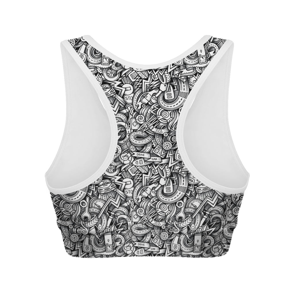 Cartoon Mechanic Pattern Print Women's Sports Bra
