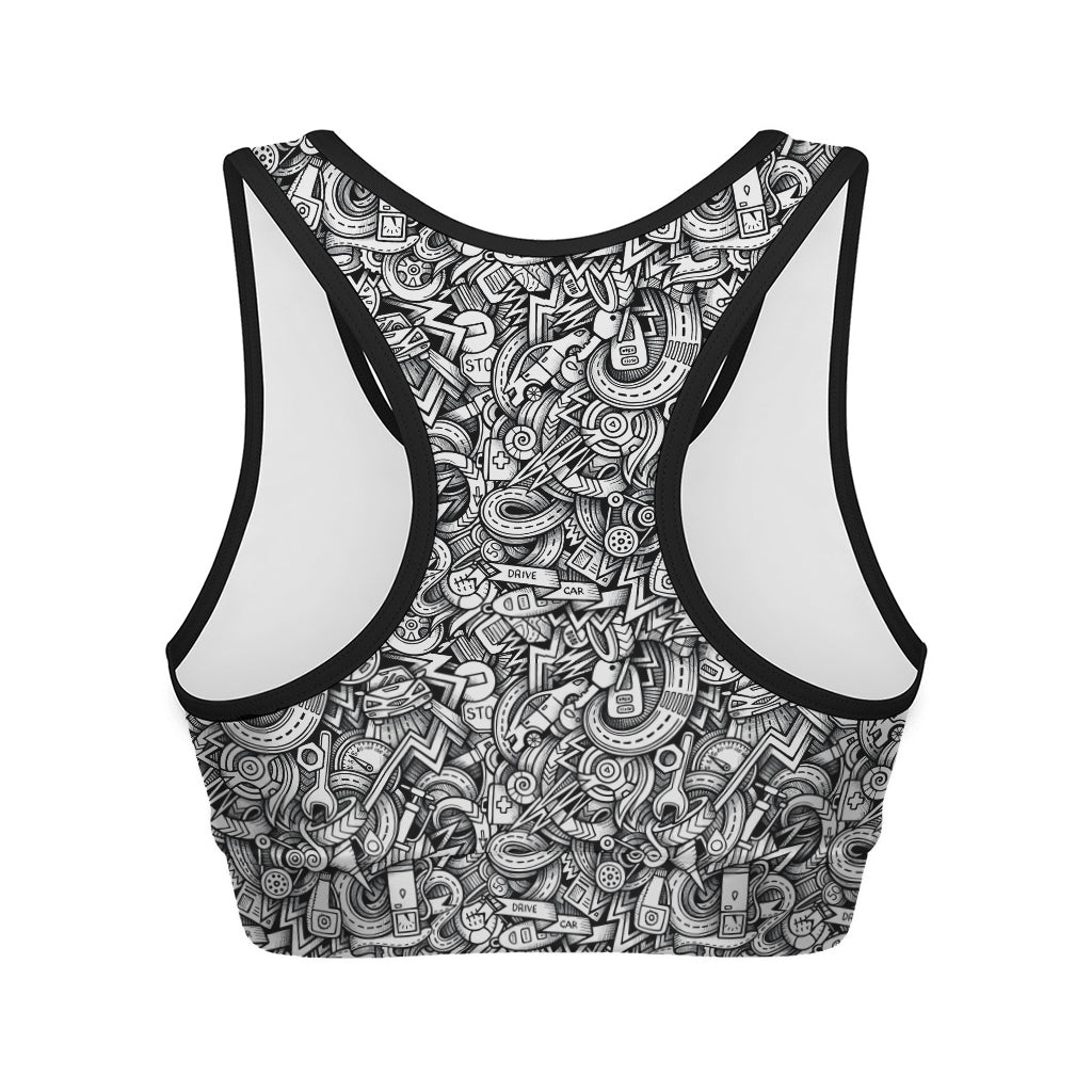 Cartoon Mechanic Pattern Print Women's Sports Bra