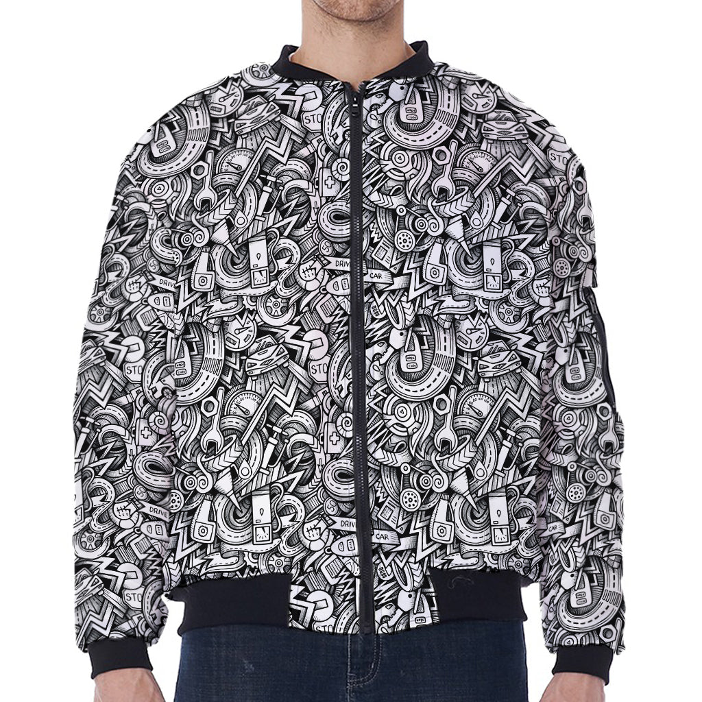 Cartoon Mechanic Pattern Print Zip Sleeve Bomber Jacket