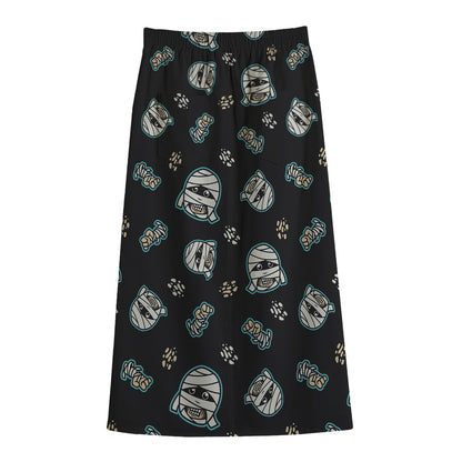 Cartoon Mummy Pattern Print Cotton Front Slit Maxi Skirt