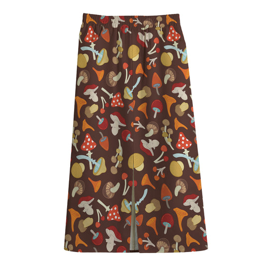Cartoon Mushroom Pattern Print Cotton Front Slit Maxi Skirt