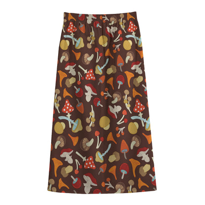 Cartoon Mushroom Pattern Print Cotton Front Slit Maxi Skirt