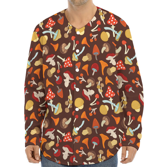 Cartoon Mushroom Pattern Print Long Sleeve Baseball Jersey
