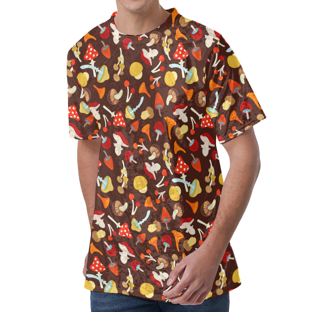 Cartoon Mushroom Pattern Print Men's Velvet T-Shirt