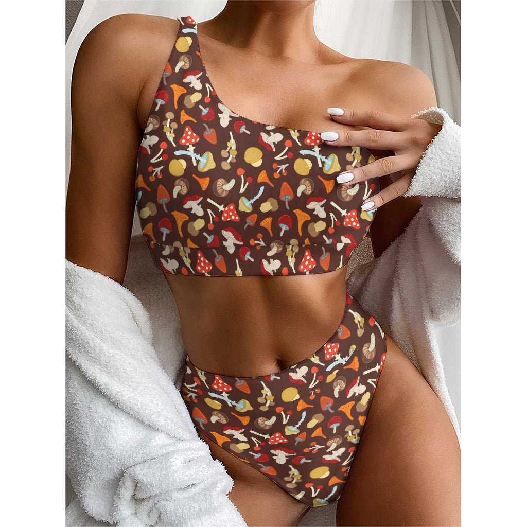 Cartoon Mushroom Pattern Print One Shoulder Bikini Top
