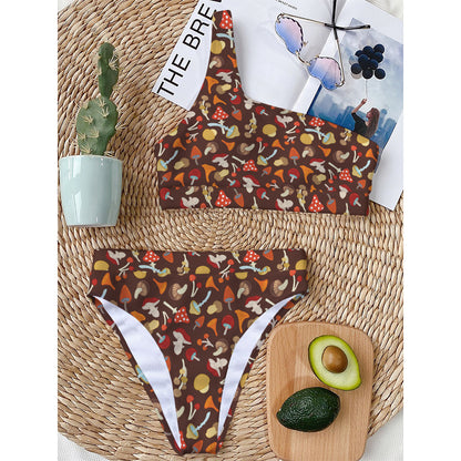 Cartoon Mushroom Pattern Print One Shoulder Bikini Top