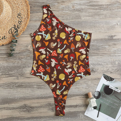 Cartoon Mushroom Pattern Print One Shoulder Bodysuit
