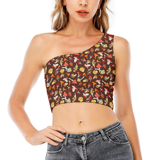Cartoon Mushroom Pattern Print One Shoulder Crop Top