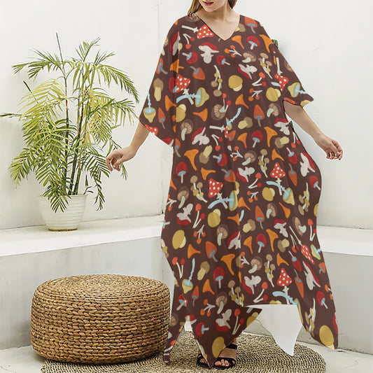 Cartoon Mushroom Pattern Print Silk V-Neck Kaftan Dress