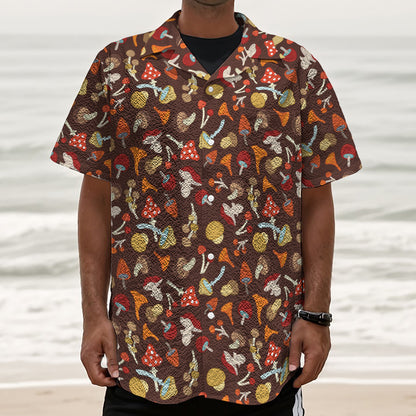 Cartoon Mushroom Pattern Print Textured Short Sleeve Shirt