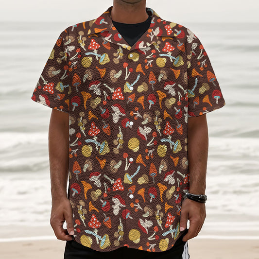 Cartoon Mushroom Pattern Print Textured Short Sleeve Shirt
