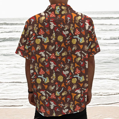 Cartoon Mushroom Pattern Print Textured Short Sleeve Shirt
