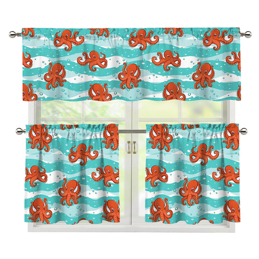 Cartoon Octopus Pattern Print 3 Piece Kitchen Curtains