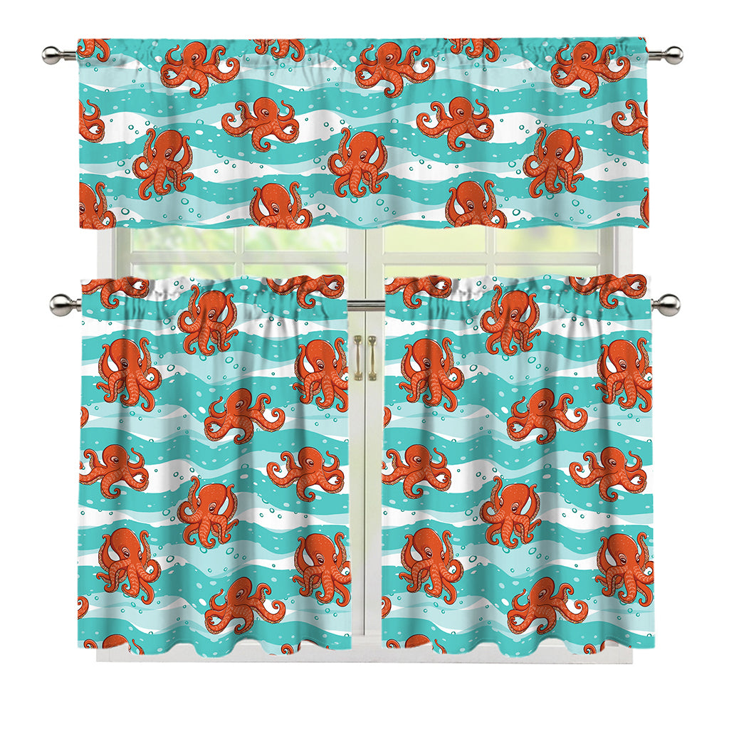 Cartoon Octopus Pattern Print 3 Piece Kitchen Curtains