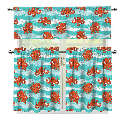 Cartoon Octopus Pattern Print 3 Piece Kitchen Curtains